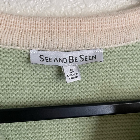 See And Be Seen Pearl Button Contrast Cardigan Sweater S Mint Green Cream - Picture 7 of 10